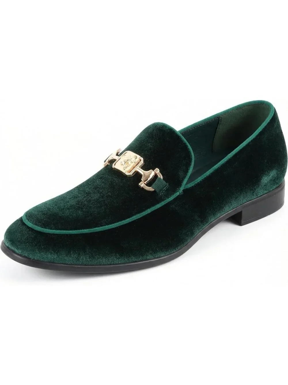 REIHUANNE Men's Green Velvet Loafer Metal Buckle Slip On Luxury Smoking Shoes